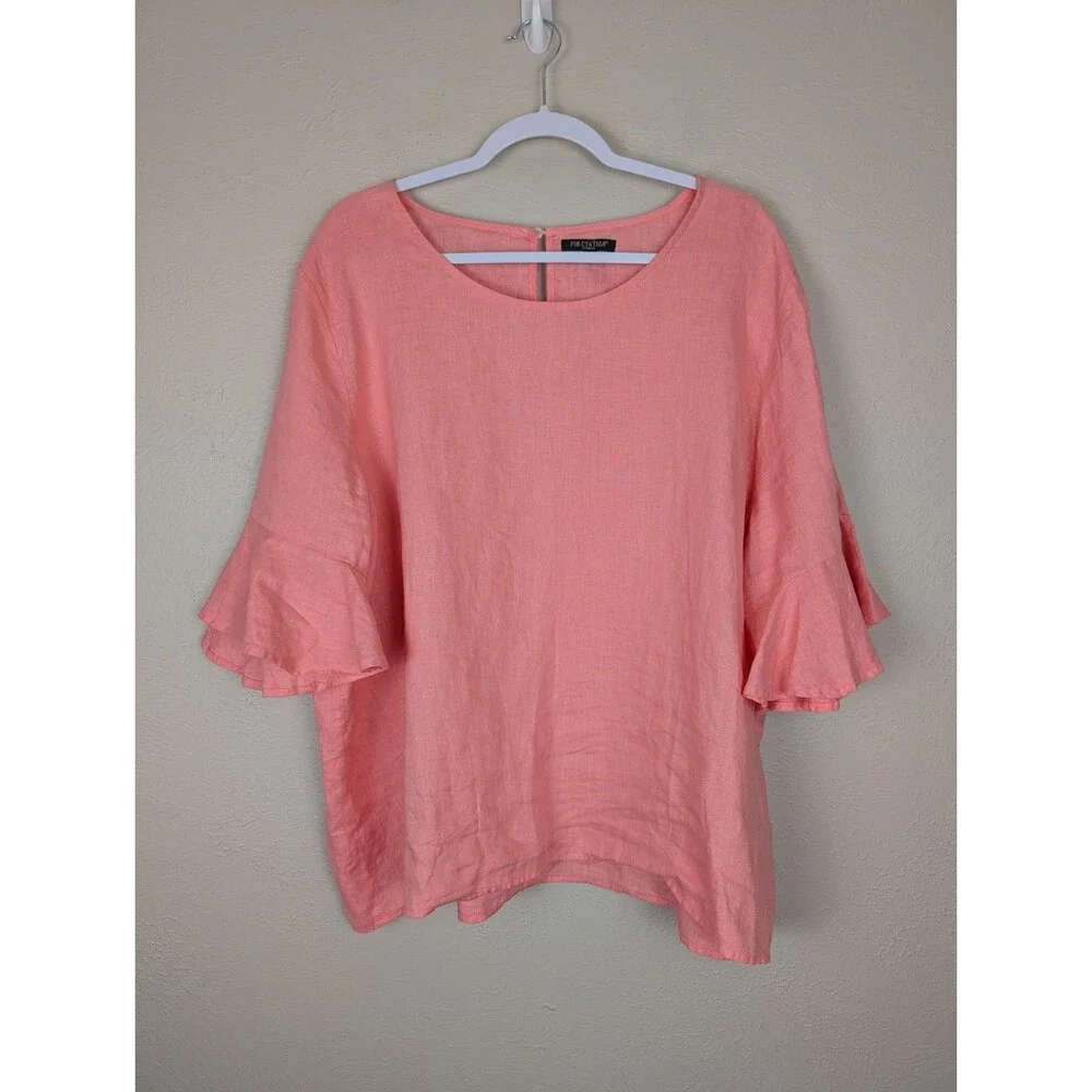 FOR CYNTHIA Womens 2X Coral 100% Linen Ruffled Bell Sleeve Top Blouse Shirt